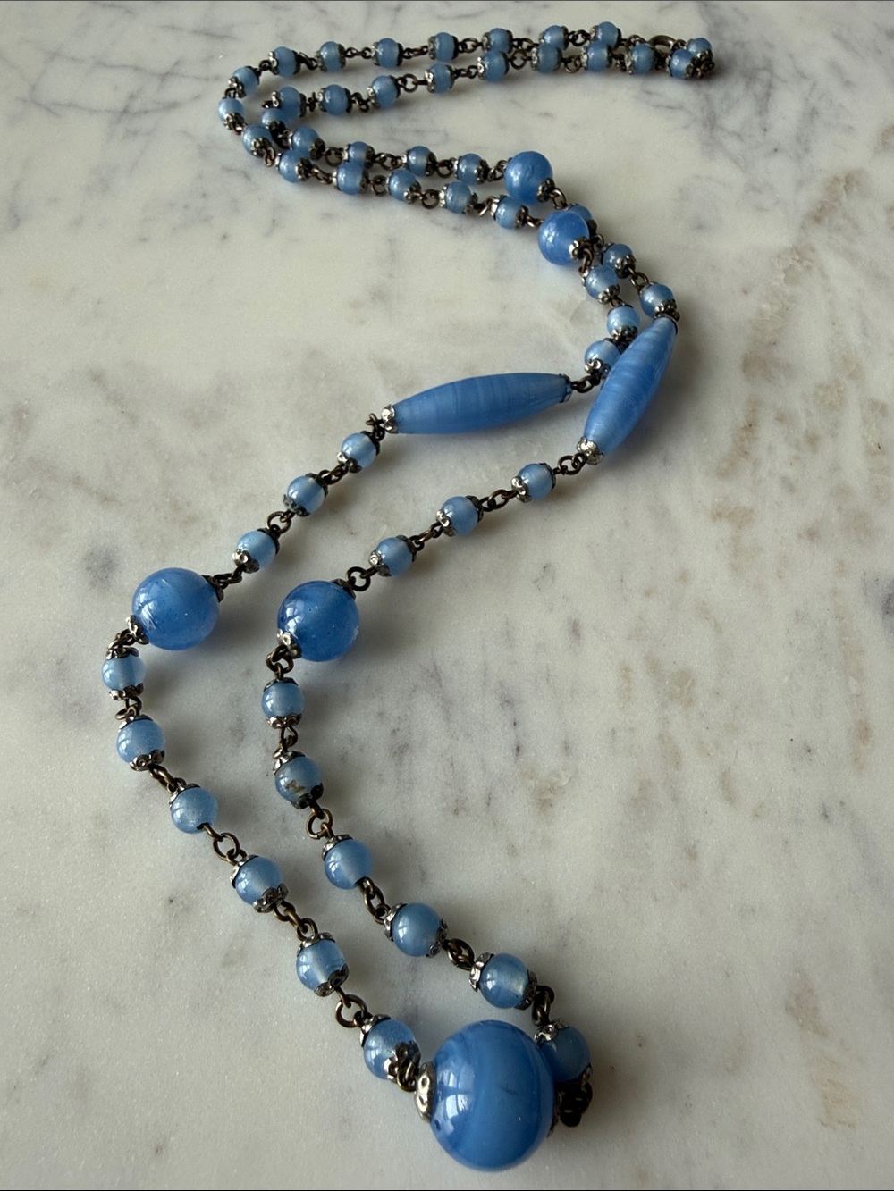 Vintage blue Czech 1920s art deco glass rosary bead necklace antique jewelry